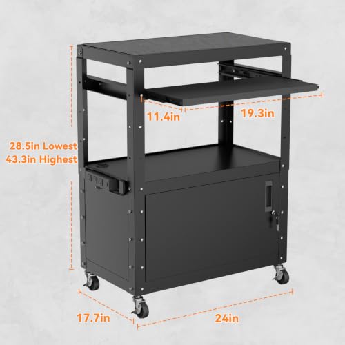 Mobile AV Cart, Adjustable Height Rolling Computer Cart with Pullout Keyboard Tray – Locking Cabinet, 3 Outlets & 2 USB Ports, Lock Brake Casters–Media Utility Cart on Wheels for Home/Office - size: Style 1 18"D x 24"W x 43.3"H