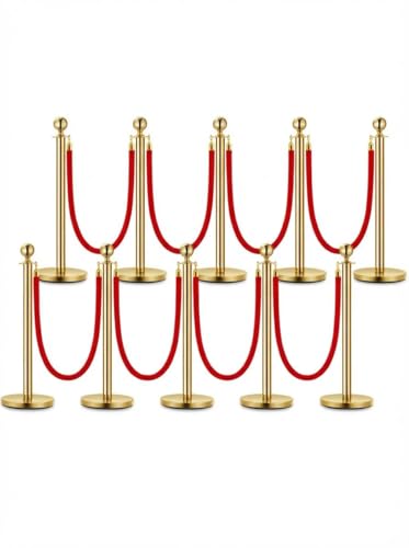Red Carpet Ropes and Poles 10 Gold Stanchion Posts + 8 Red Velvet Ropes - size: 10 Post I 8 Rope
