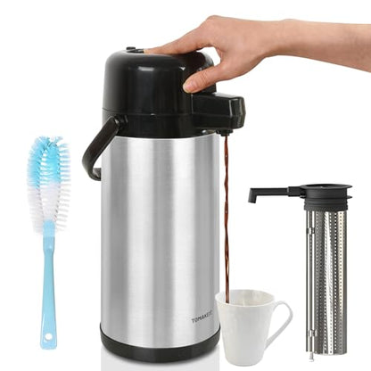 TOMAKEIT Airpot Coffee Dispenser with Pump,102 OZ/ 3L Large Coffee Dispenser with Tea Filter for Party Hot Drinks Water Tea Chocolate Hot/Cold Water, Insulated Stainless Steel Thermal Carafes