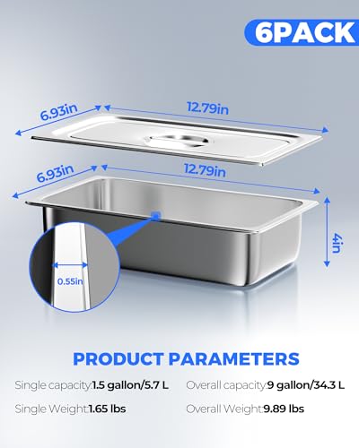 WantJoin Stainless Steel Steam Table Hotel Pans Set 1/3 Size 4 Inch 6 Pack - color: 4" Deep, size: 1/3 Size