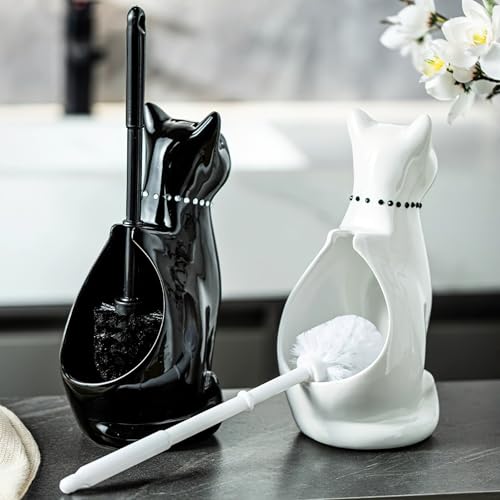 Cat Toilet Brush Holder - Ceramic Whimsical Feline Design with Wide-Mouth Storage, Black Toilet Bowl Brush and Holder Set Cute for Bathroom Ground, Easy-Clean Cat Lover Gift (White)