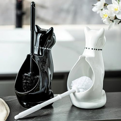 Cat Toilet Brush Holder - Ceramic Whimsical Feline Design with Wide-Mouth Storage, Black Toilet Bowl Brush and Holder Set Cute for Bathroom Ground, Easy-Clean Cat Lover Gift (White)