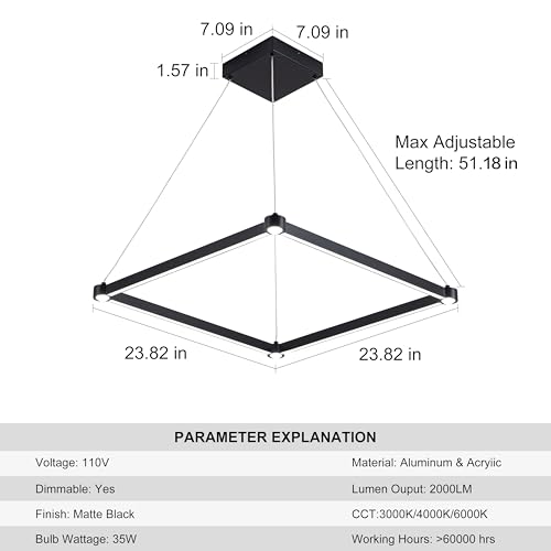 WELAKl Black Modern Square Chandelier, Square Ceiling Light Fixture - size: 1-Light