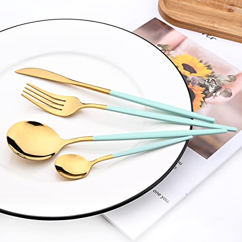 Mirror Cutlery Serving Set, 24-piece 18/0 Stainless Steel Silverware With Mint Green Handle Simple & Modern Tableware For Home Party Dinner, Service For 6 (Mint Green Gold) - color: Mint green gold