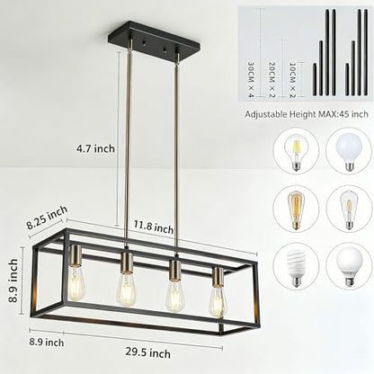 Black&Brushed Nickel Kitchen Light Fixtures Farmhouse Rectangle Chandeliers Dining Room Light for Dining Rooms, Light Fixture Matte 4-Light Industrial Pendant Lighting - color: Black & Brushed Nickel, size: 4 Lights