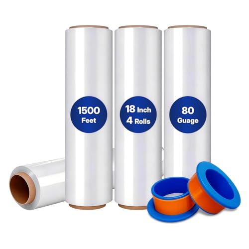NorthSky Pallet wrap Stretch Film - Industrial Strength up to 800% Stretch 20 Microns Clear Durable Adhering Packing Moving Heavy Duty Shrink Film Box of 4 (80 GA, 18'' x 1500') - size: 18'' x 1500', style: 80 GA