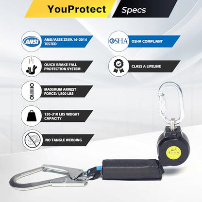 6FT Self Retracting Lifeline Fall Protection Retractable Lanyard, Fall Arrest Safety Yoyo for Construction Industrial - OSHA/ANSI Compliant (Large Hook) - color: Large Hook, size: 6FT
