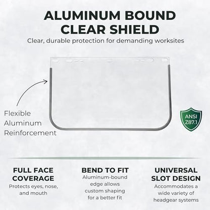Cap Style Headgear with 2 Universal Clear Flat Face Shield Visors – Adjustable Headgear 9" x 15.5" Aluminum Bound Shields – ANSI Z87.1 Safety Shield for Grinding, Cutting and Welding - color: Clear, 3 Pack B