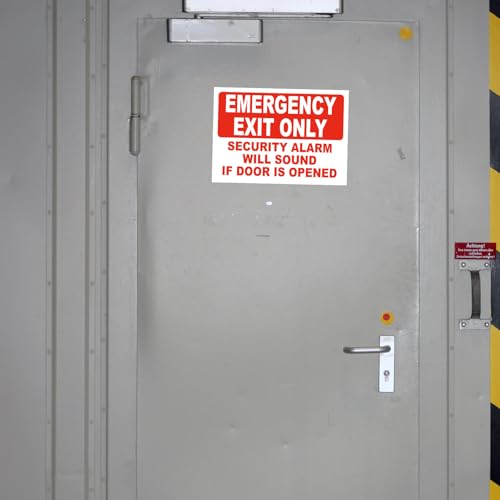 4 Emergency Exit Only Sticker Sign, "Emergency Exit Only - Security Alarm Will Sound If Door Is Opened" Label,4 Self Adhesive Vinyl Decal Stickers, 10" x 7"