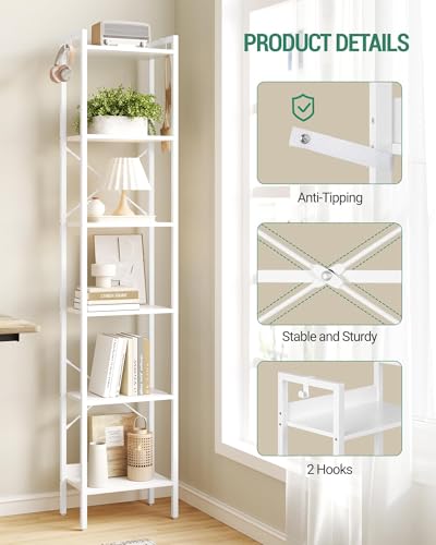 Hzuaneri Bookshelf, Book Shelf, Industrial Bookcase with 2 Hooks - color: White, size: 9.4"D x 15.4"W x 72.8"H