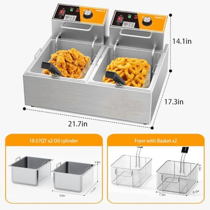 Electric Deep Fryer 20L/21QT Stainless Steel Large Capacity Commercial Fryer with Basket, 3400W 110V Countertop Deep Fryer for Home Kitchen and Restaurant Use withTemperature Control - size: R-82S