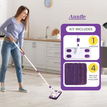 2-in-1 Sweeper Mop with 4 Washable Microfiber Pads - color: Purple