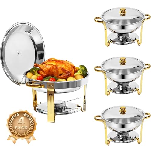 4-Pack Chafing Dish for Buffet Set, 6QT Round 304 Stainless Steel Buffet Food Warmers – Complete Set with Full Accessories for Catering, Wedding Events, Parties & Dinners - color: Silver
