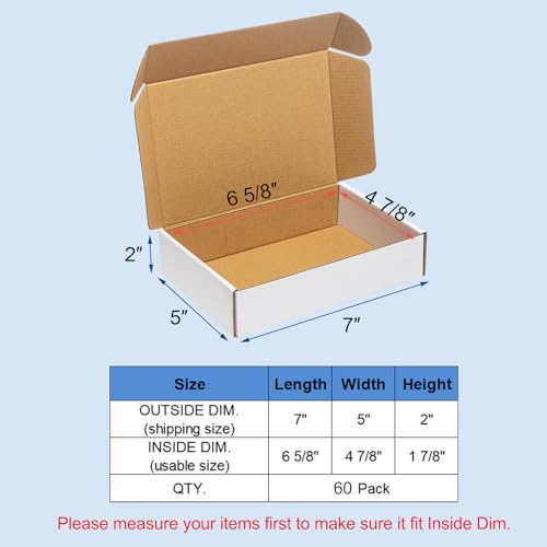 Wowxyz Shipping Boxes 7x5x2" 60 Pack White Corrugated Cardboard Box Mailer - size: 7x5x2"