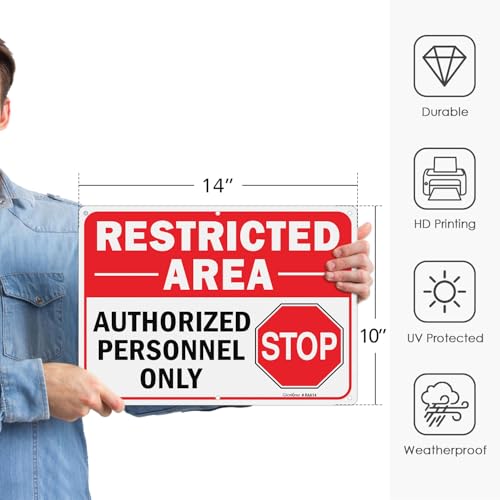 GicnKeuz Large Restricted Area Sign, 14x10 Inches Do Not Enter - Authorized Personnel Only Signs, Rust Free.40 Reflective Aluminum, Fade Resistant/Waterproof, 6 Pre-drilled Holes (4 Pack) - style: 14" x 10"-4 Pack