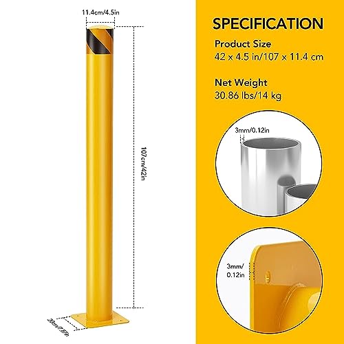 Safety Bollard 6 Packs, 42 Inch Height Bollard Post, 4.5 Inch Diameter, Yellow Safety Steel Bollard Post with 8 Anchor Bolts, for Traffic Control, Driveway Barrier, Parking Pole - size: 42 inch