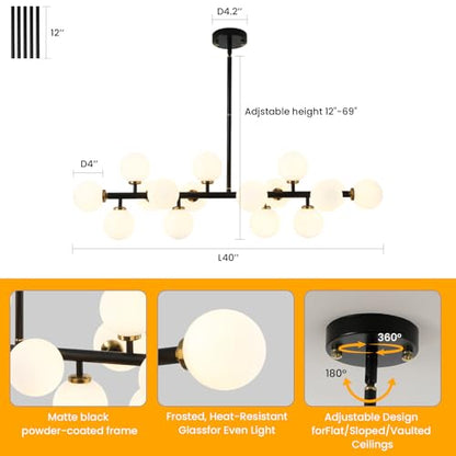 Black and Gold Chandelier Modern Rectangle Chandelier Glass Globe Pendant Light Fixture Adjustable for Dining Living Room Kitchen Island 16-Light - color: BlackGold-40in