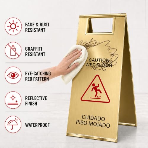 2 Pcs 24 Inch Stainless Steel Wet Floor Caution Sign Gold Bilingual - color: Gold
