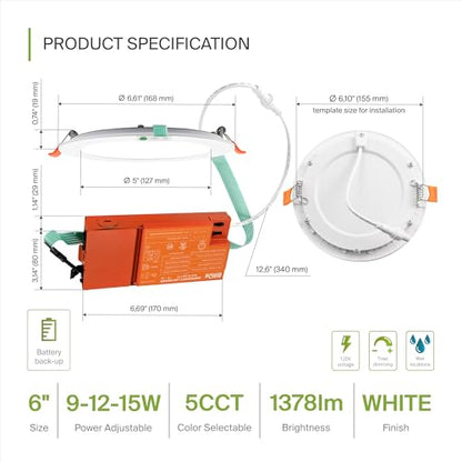 ASD 6 Inch LED Recessed Light with Emergency Backup, 90 Min Battery, 5CCT 2700K-5000K, 9W/12W/15W Selectable, Dimmable Wafer Downlight, Ultra-Thin Ceiling Light, IC Rated, ETL & ES, White, 1 Pack