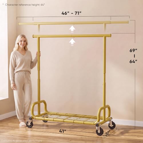 HOKEEPER Clothes Rack 450LBS Adjustable Garment Rack with Wheels, Gold - color: Gold