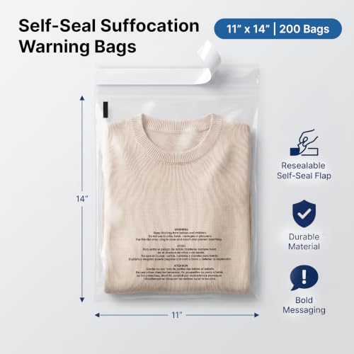 11” X 14” (200 Count) Self Seal Clear Poly Bags with Suffocation Warning - size: 11" X 14"