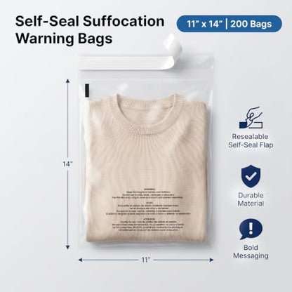 11” X 14” (200 Count) Self Seal Clear Poly Bags with Suffocation Warning - size: 11" X 14"