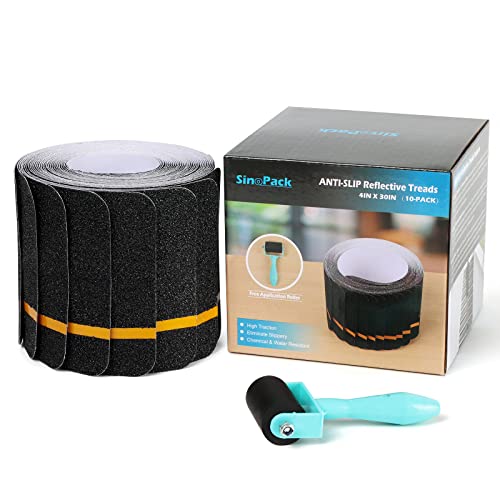 Anti Slip Tape (10-Pack) 4'' x 30'' Waterproof Non Skid Tape, Best Grip Non Slip Strips Treads High Traction Friction Abrasive Adhesive with Yellow Reflective Strips for Stairs Step - color: Black,Yellow