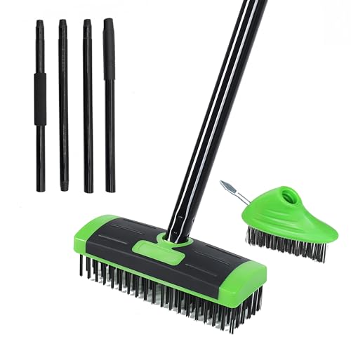 3 in 1 Scrub Brush with Long Handle – Your All-Purpose Deck Brush, Weeding Tool & Concrete Scrubber Tackle Patio Weeds, Floor Stains, Moss, and Rust with one Versatile Set. (Green) - color: Green