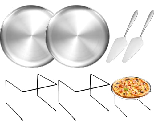 6 Pcs Pizza Pan Riser Stand Set, 2 Metal Pizza Table Stands + 2 Nonstick Pizza Pans + 2 Pie Servers, Gold Pizza Rack & Tray for Baking, Dessert, Cheese, Party, and Restaurant Use (Silver 2Pcs) - color: Silver 2Pcs