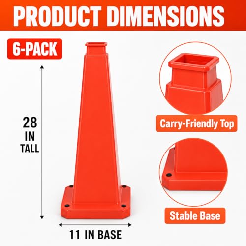 BESEA 6 Pack 28 Inch Red Traffic Cones with Weighted Base - color: Red, size: 28INCH