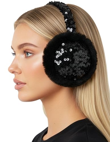 Funky Junque Women’s Winter Earmuffs - Cable Knit & Sequin - color: Sequin - Black