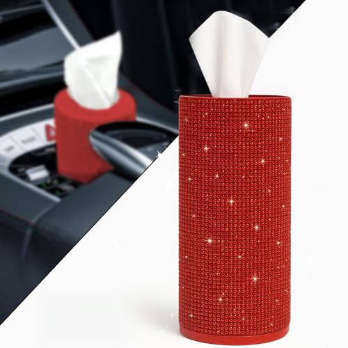 Bling Car Tissue Holder for Cup Holder – Sparkly Rhinestone Round Tissue Dispenser with 1 Pack Tissues – Fits Standard Auto Cup Holders – Stylish Car Interior Accessory for Women(RED) - color: Red