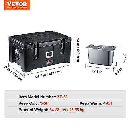 VEVOR Insulated Food Pan Carrier, 36Qt Capacity, Stackable Hot Box for Catering w/ 3 Stainless Steel Pans, Top Load LLDPE Food Warmer w/Elastic Side Handles and Buckles, for Restaurant Canteen, Black - size: 36 Qt (25" x 17.1" x 12.4")