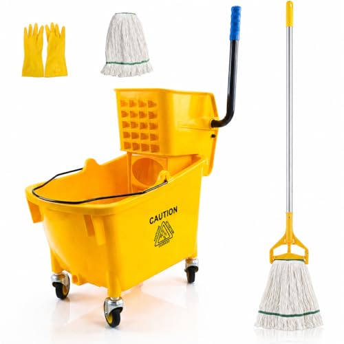 Chasesun 35 Quart Commercial Mop Bucket with Side Press Wringer on Wheels