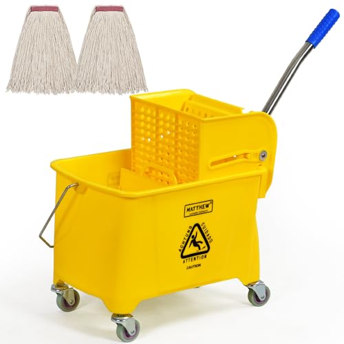 Matthew Cleaning 22 Quart Compact Mop Bucket INCL.2 Pack Mop Head with Side Press Wringer On Wheels,Tandem Portable Floor Cleaning Wavebrake,Ideal for Household,Industrial,Restaurant,Janitorial Use - color: Yellow, size: 22 Quart (Side Press Wringer)