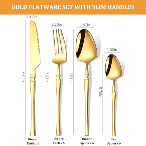 24-Piece Gold Silverware Set with Steak Knives Spoons and Forks for 6, Stainless Steel Flatware Cutlery Eating Utensils Sets,Polished Tableware for Home Kitchen Restaurant Wedding