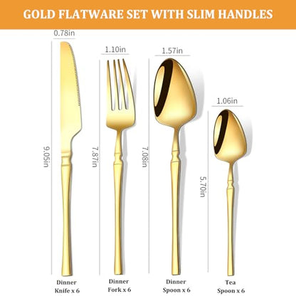 24-Piece Gold Silverware Set with Steak Knives Spoons and Forks for 6, Stainless Steel Flatware Cutlery Eating Utensils Sets,Polished Tableware for Home Kitchen Restaurant Wedding