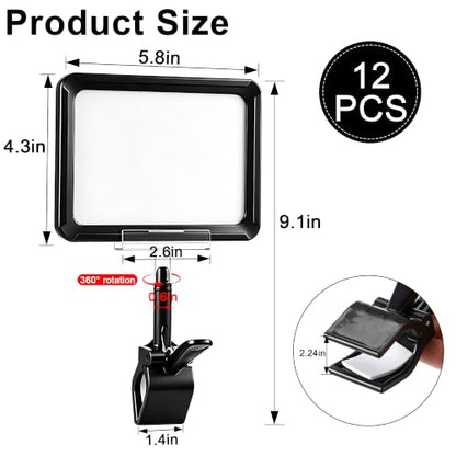 12 Pack Acrylic Sign Holder with Clamp, 6 x 9 Inch Double Head Display Clips with PVC Card Protector, Swivel Sign Holder with Clip for Clothing, Retail Store, Office, Boutique Display