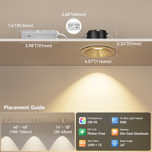 CycevSun Gold 4 Inch Anti-Glare Recessed Light COB 24°Spotlight, 6-Pack - color: Gold, size: 4 Inch