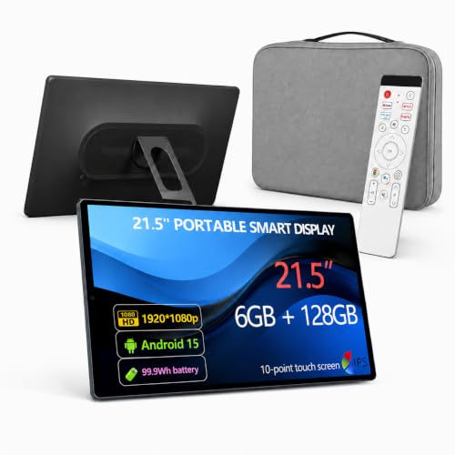 21.5" Android 15 Portable TV Tablet with Carry Bag, Rotating Foldable Stand, 6GB+128GB, with 99.9Wh Battery, 13MP Camera, Dual 5W Speakers, Smart Touch Screen for Travel, Camping & Home Entertainment