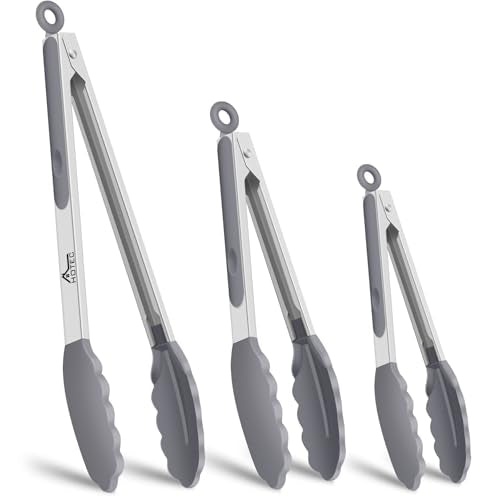 HOTEC Premium Stainless Steel Locking Kitchen Tongs with Silicon Tips, Set of 3-7", 9" and 12" (Grey) - color: Light Grey:12+9+7inch