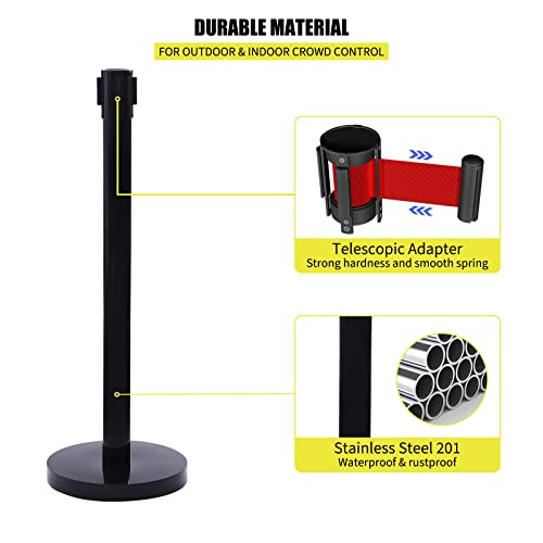 Crowd Control Stanchion, Set of 6 Pieces Stanchion, with 6.6 ft/2 m Red Retractable Belt, Black Steel Crowd Control Barrier w/Rubber Base - Easy Connect Assembly