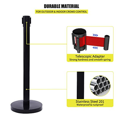 Crowd Control Stanchion, Set of 6 Pieces Stanchion, with 6.6 ft/2 m Red Retractable Belt, Black Steel Crowd Control Barrier w/Rubber Base - Easy Connect Assembly