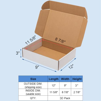 Wowxyz 12x9x3 Inches Shipping Boxes 30 Pack Corrugated Cardboard White Box - size: 12x9x3"