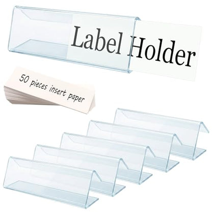 Shelf Label Holder, ELEMGULY 50 Pack Wood Shelf Label Holders Plastic Shelf Label Clip Clear Shelf Sign with 50 Pack Label Inserts for Home Office Library Shelves
