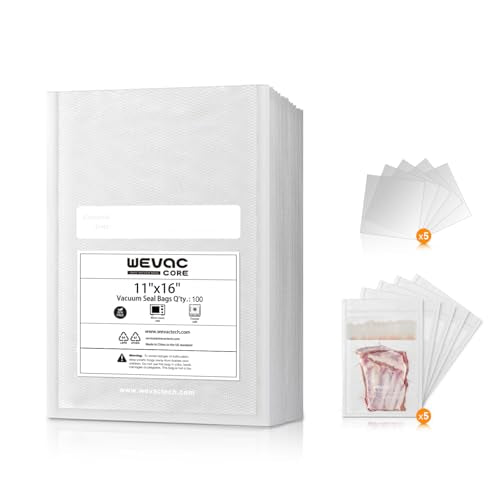 Wevac 11" x 16" Precut Vacuum Sealer Bags, 100 Count, Includes 5 Liquid Block Bags & 5 Bone Guard Pieces, Heavy Duty for Food Storage, Sous Vide & Meal Prep - size: 11" x 16" 100 count