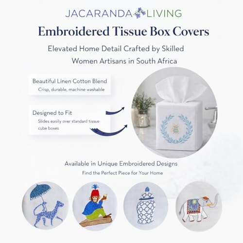 Jacaranda Living Square Tissue Box Cover, Linen/Cotton Fabric Tissue Holder, Decorative Cloth Tissue Cube Cover, Embroidered Bee Designs, Napoleon Bee Wreath (White) - color: Napoleon Bee Wreath (White)