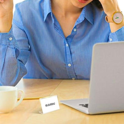 36 Mini Acrylic Sign Holder Name Card Price Tag Label Holder with 36 PCS Blank Labels Slanted L-Shape Plastic Name Card Price Card Tag Label Counter Top Stand