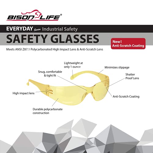 BISON LIFE Yellow Safety Glasses for Men & Women, ANSI Z87.1, 12 Pack - color: Yellow/Yellow