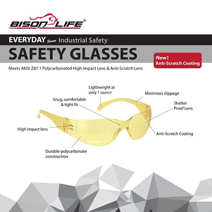 BISON LIFE Yellow Safety Glasses for Men & Women, ANSI Z87.1, 12 Pack - color: Yellow/Yellow